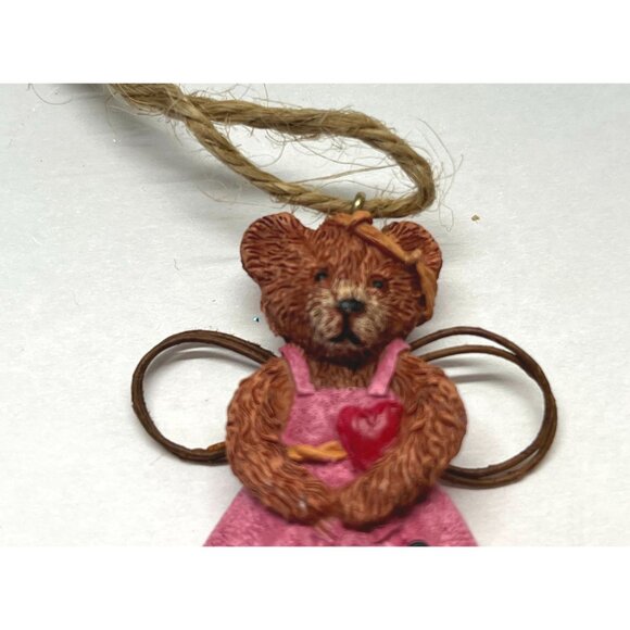 Teddy Bear Angel Mini Christmas Tree Ornament Pink Polka Dot Dress Rustic - Picture 4 of 6